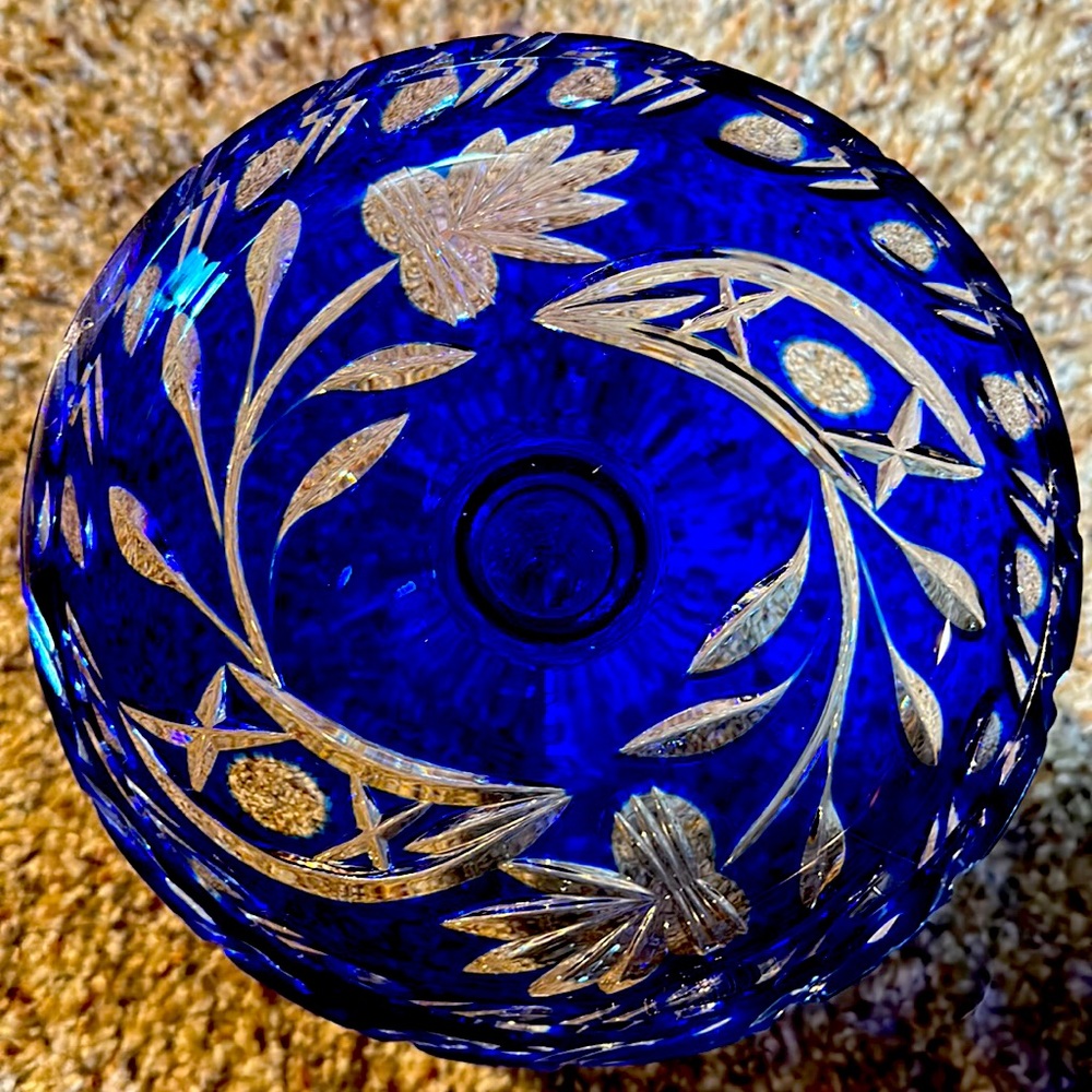 Sold Bohemian Cut to clear blue Candy Dish with etching work - Picture 2 of 3